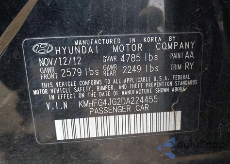 2013 Hyundai Azera z USA, uszkodzony, nr VIN KMHFG4JG2DA224455